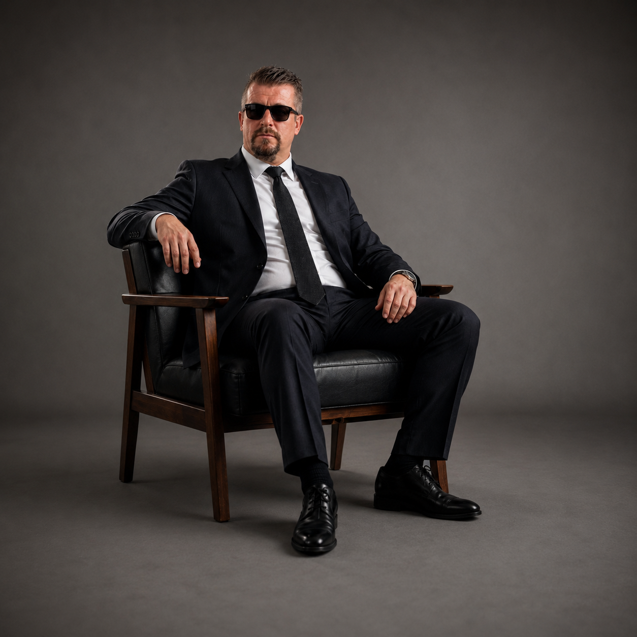Formeel portret in een leren fauteuil