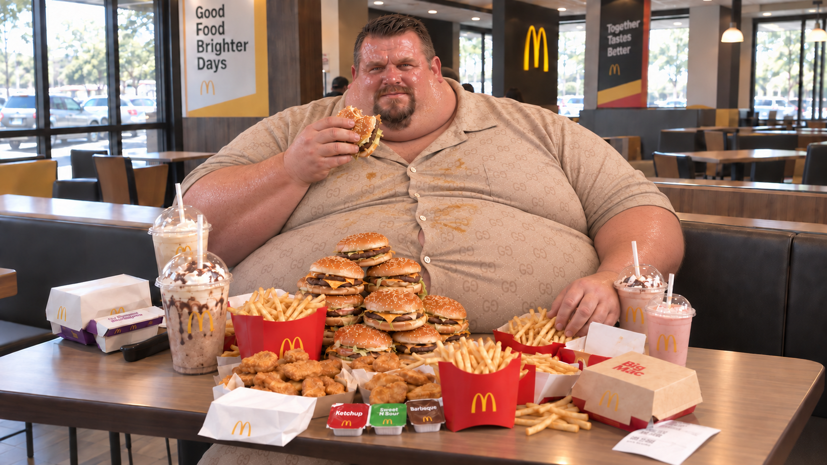 Rondere man aan een McDonald's-tafel